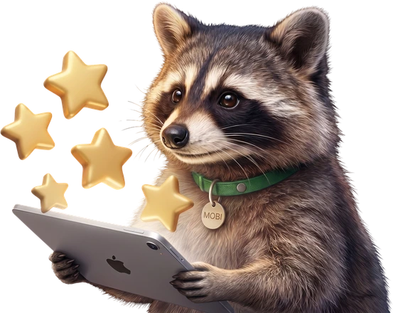 MobileGear mascot holding a tablet, surrounded by rating stars