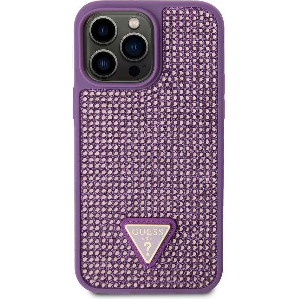 Guess Rhinestones Triangle Metal Logo Kryt pro iPhone 15 Pro Max Fialová