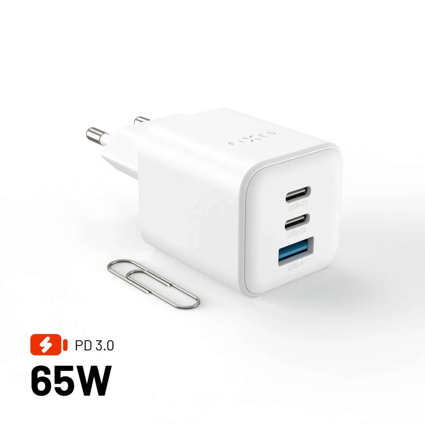FIXED FIXED Mini GaN nabíječka 65 W (2× USB-C, USB-A) Bílá
