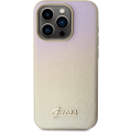 Guess PU Leather Iridescent Metal Script kryt pre iPhone 15 Pro - Zlatá