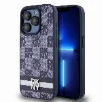 DKNY PU Leather Checkered Pattern and Stripe kryt pro iPhone 15 Pro - Modrý