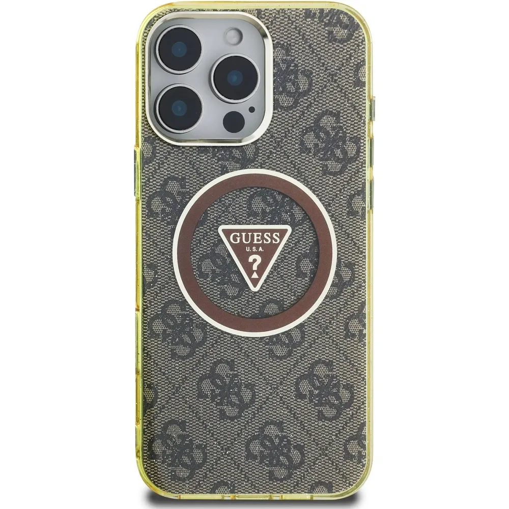 Guess IML 4G Glitter and Triangle Logo MagSafe kryt pro iPhone 16 Hnědá
