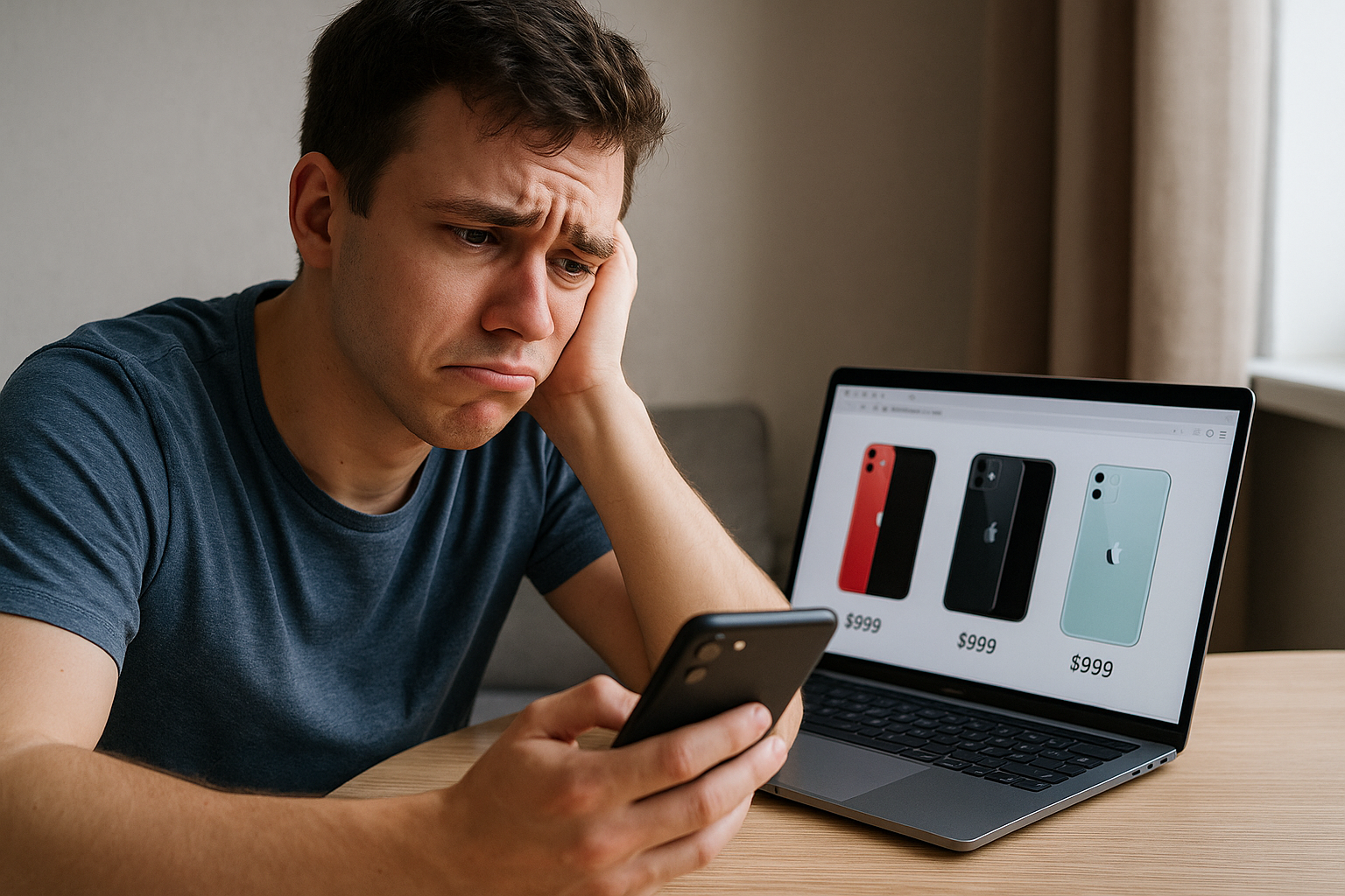 Smutný študent, ktorý si nemôže dovoliť drahý iPhone a tak vyberie lacný na Mobilegear.cz