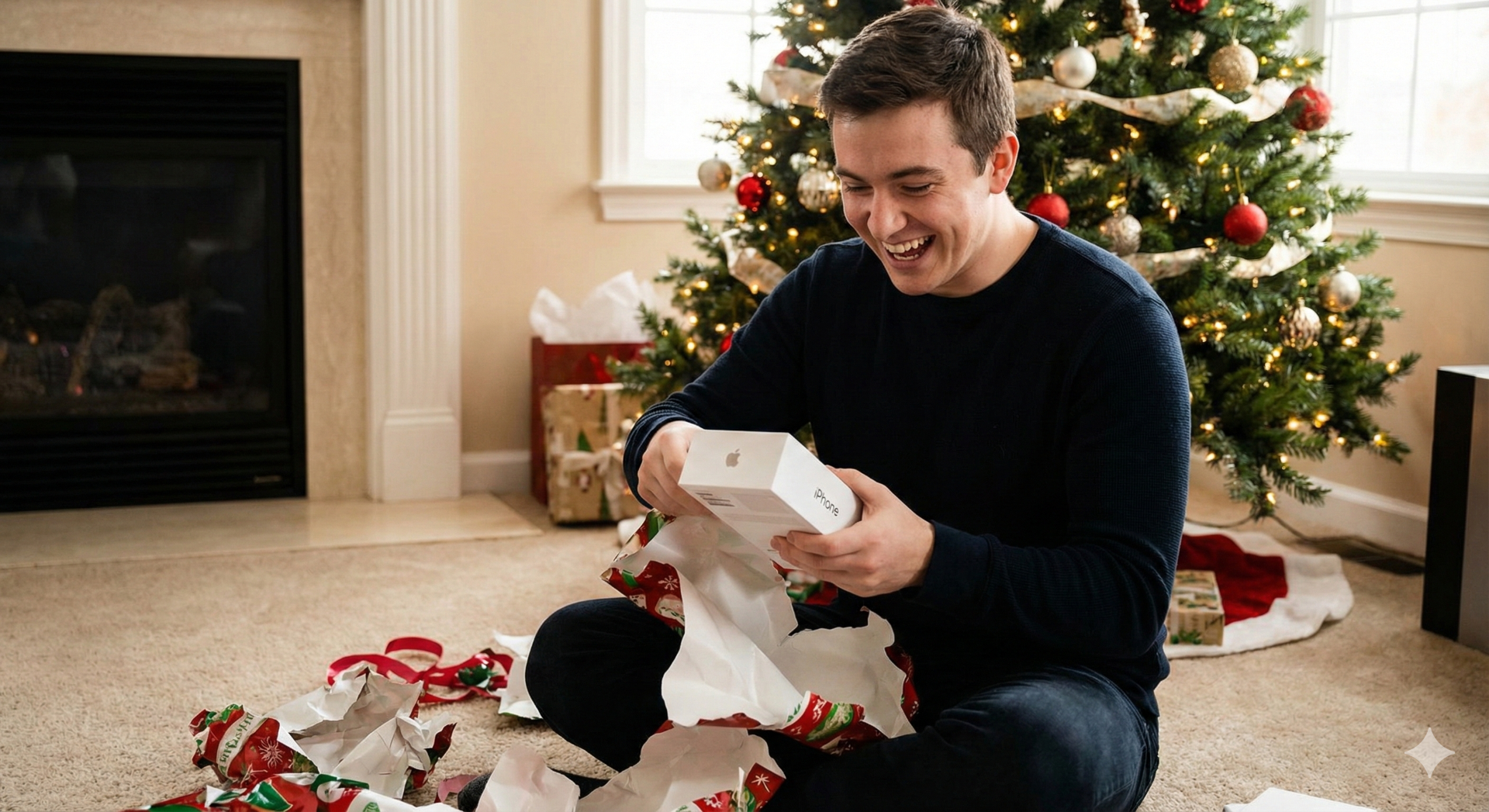Člověk rozbalující si telefon pod stromečkem