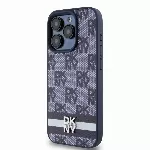 DKNY PU Leather Checkered Pattern and Stripe kryt pro iPhone 15 Pro - Modrý