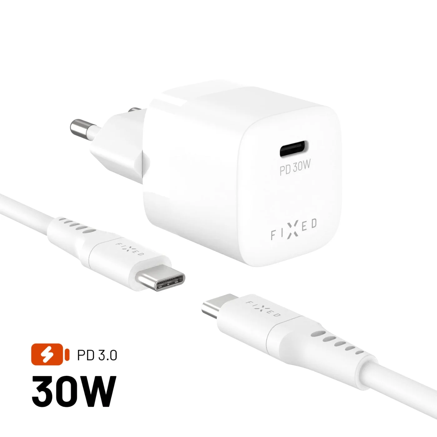FIXED FIXED Mini GaN USB-C nabíječka 30 W s kabelem USB-C (1,2 m) Bílá