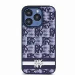 DKNY PU Leather Checkered Pattern and Stripe kryt pro iPhone 15 Pro - Modrý