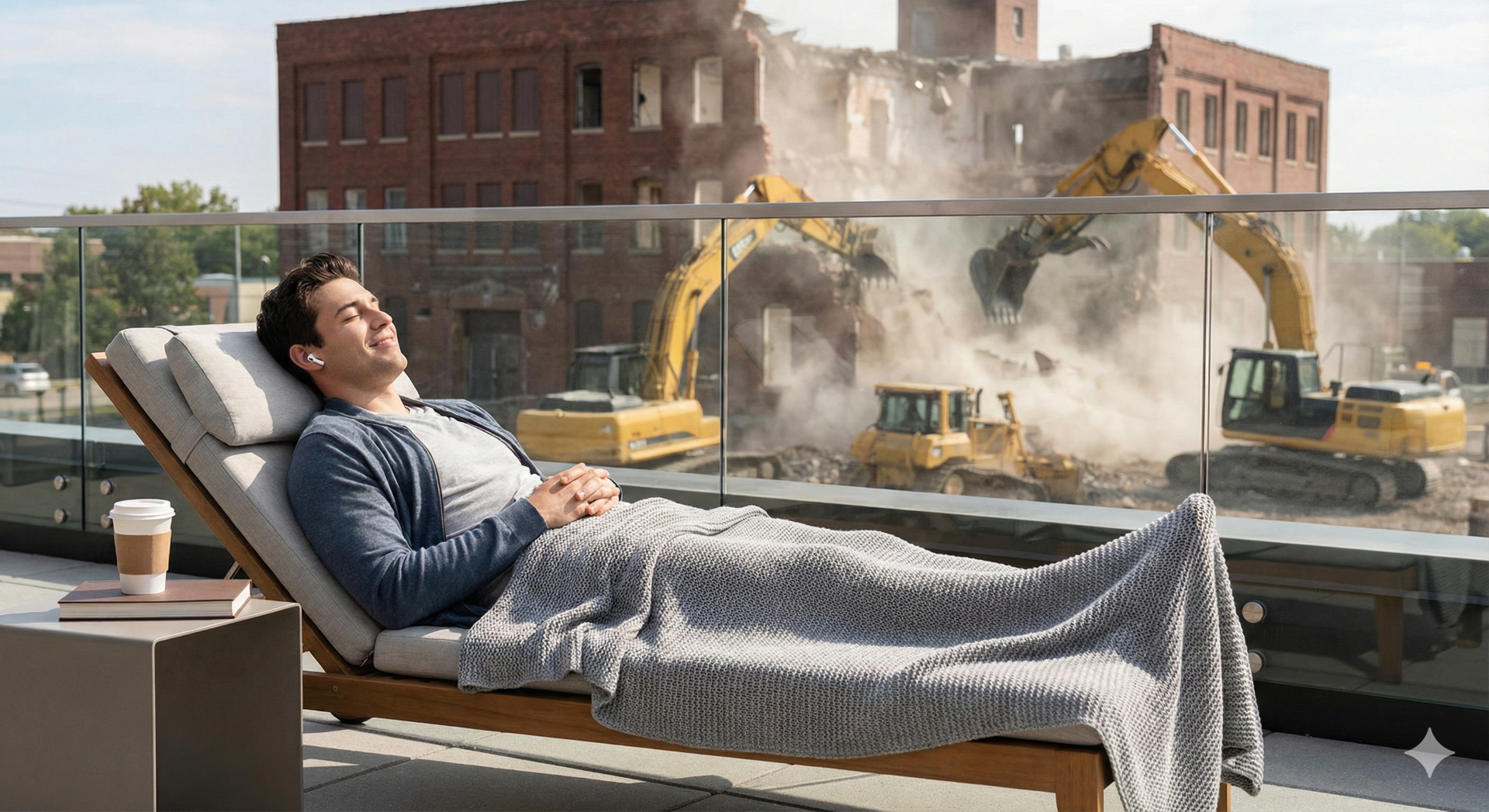 Airpods pro, borec co leží vedle stavebních prací